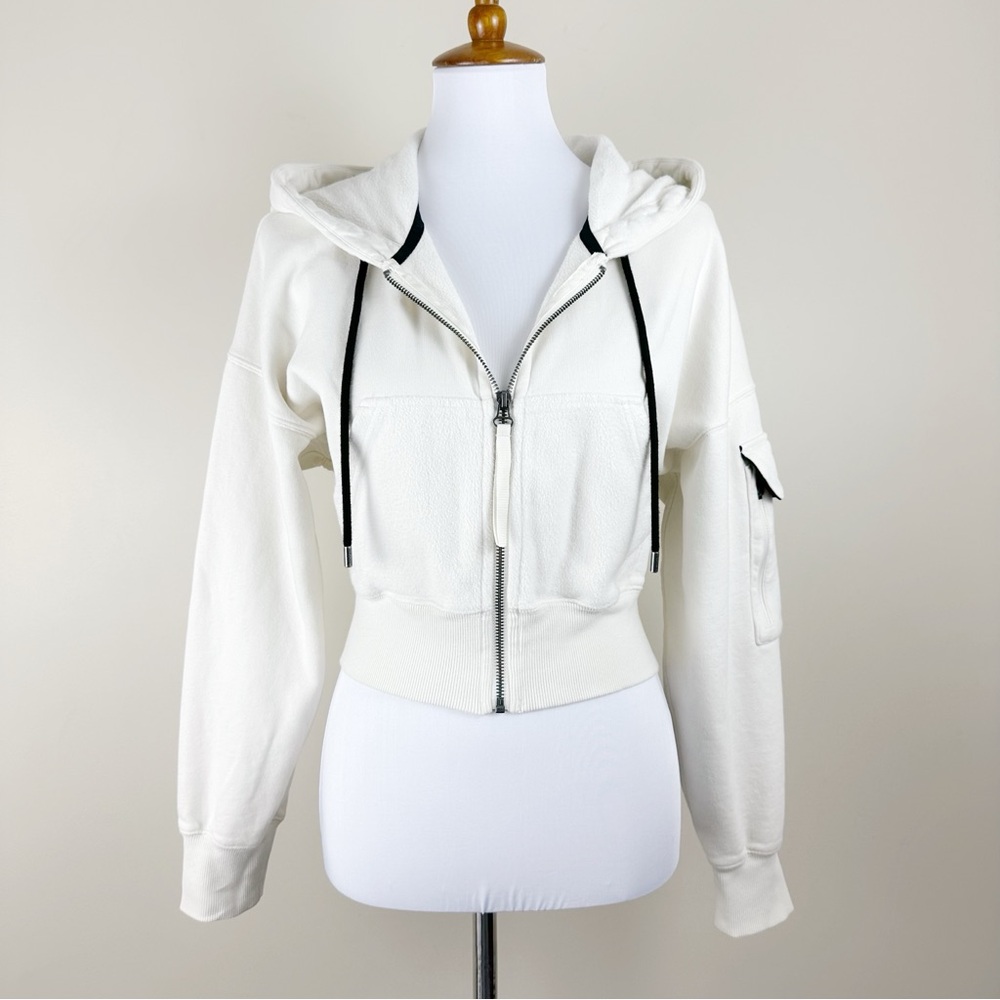 stori Hooded Cropped Jacket Small White Fleece Lined Front Utility Pocket
